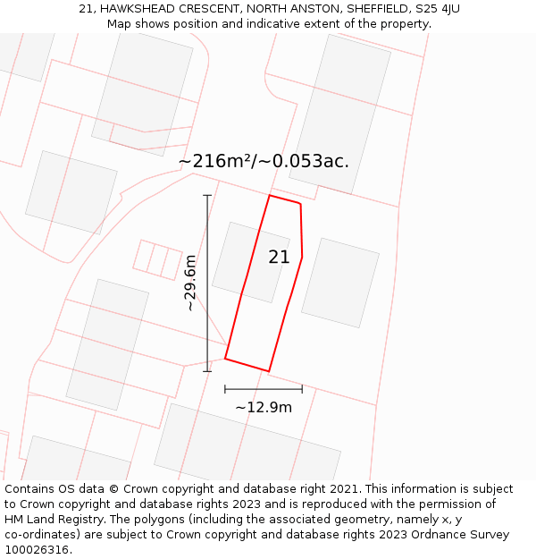 21, HAWKSHEAD CRESCENT, NORTH ANSTON, SHEFFIELD, S25 4JU: Plot and title map