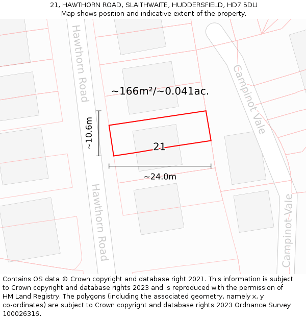 21, HAWTHORN ROAD, SLAITHWAITE, HUDDERSFIELD, HD7 5DU: Plot and title map