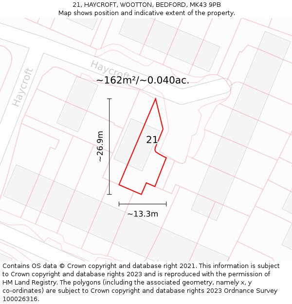 21, HAYCROFT, WOOTTON, BEDFORD, MK43 9PB: Plot and title map