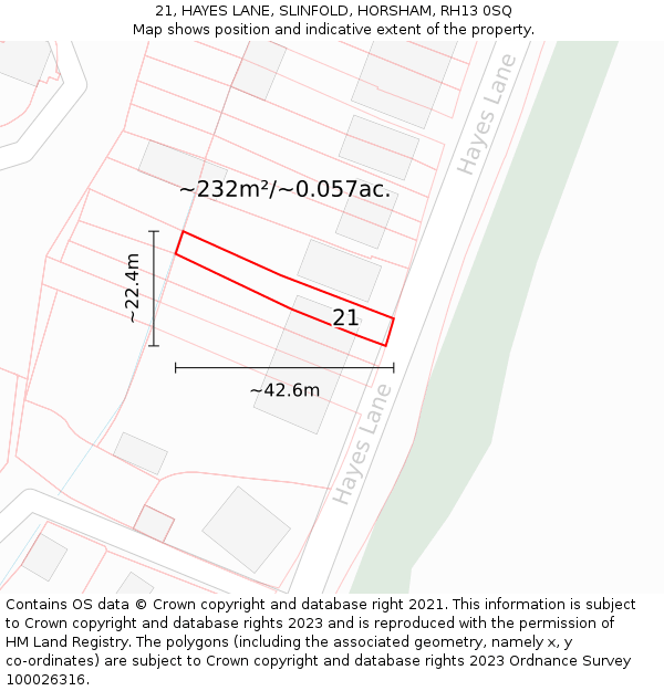 21, HAYES LANE, SLINFOLD, HORSHAM, RH13 0SQ: Plot and title map