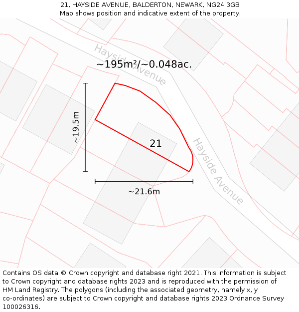 21, HAYSIDE AVENUE, BALDERTON, NEWARK, NG24 3GB: Plot and title map