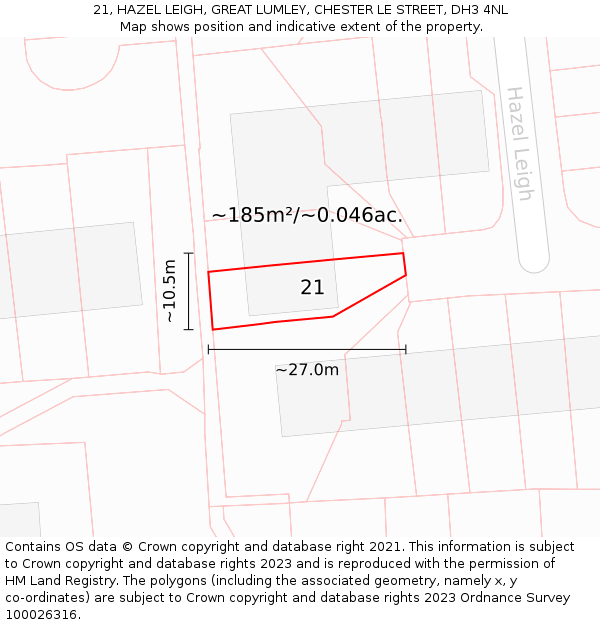 21, HAZEL LEIGH, GREAT LUMLEY, CHESTER LE STREET, DH3 4NL: Plot and title map