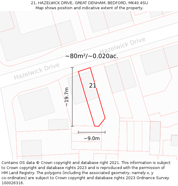 21, HAZELWICK DRIVE, GREAT DENHAM, BEDFORD, MK40 4SU: Plot and title map