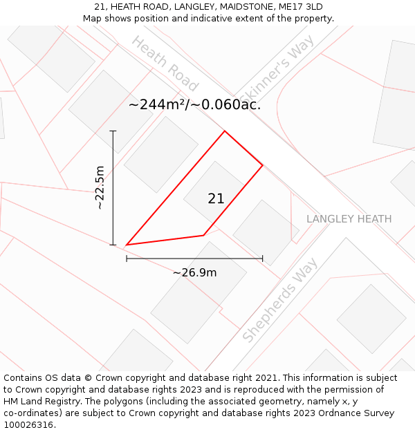 21, HEATH ROAD, LANGLEY, MAIDSTONE, ME17 3LD: Plot and title map