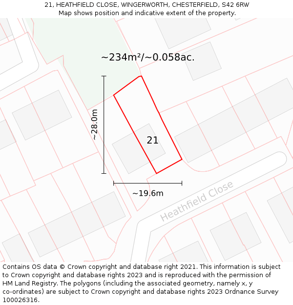 21, HEATHFIELD CLOSE, WINGERWORTH, CHESTERFIELD, S42 6RW: Plot and title map