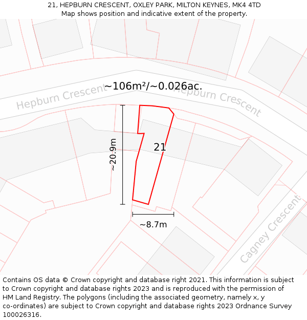 21, HEPBURN CRESCENT, OXLEY PARK, MILTON KEYNES, MK4 4TD: Plot and title map