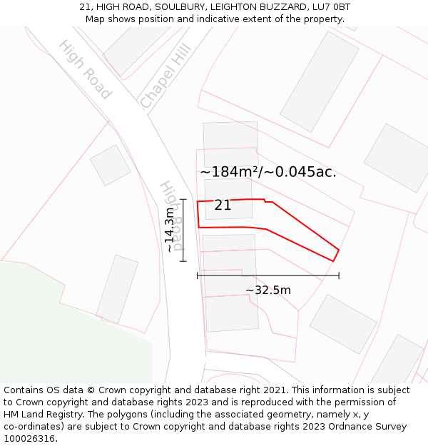 21, HIGH ROAD, SOULBURY, LEIGHTON BUZZARD, LU7 0BT: Plot and title map