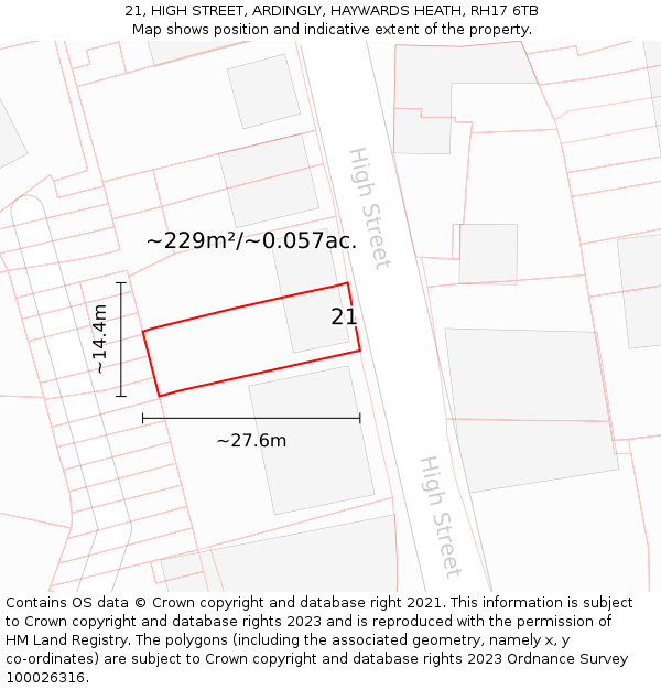 21, HIGH STREET, ARDINGLY, HAYWARDS HEATH, RH17 6TB: Plot and title map