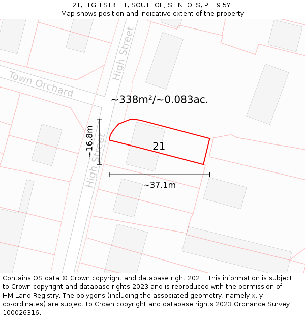 21, HIGH STREET, SOUTHOE, ST NEOTS, PE19 5YE: Plot and title map