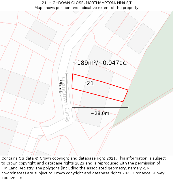 21, HIGHDOWN CLOSE, NORTHAMPTON, NN4 8JT: Plot and title map