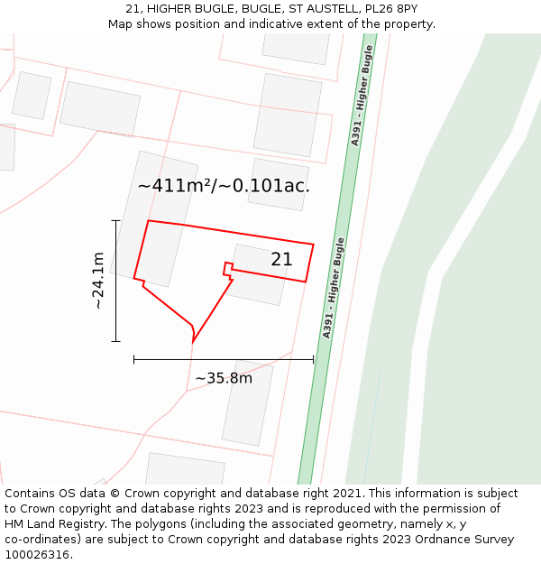 21, HIGHER BUGLE, BUGLE, ST AUSTELL, PL26 8PY: Plot and title map