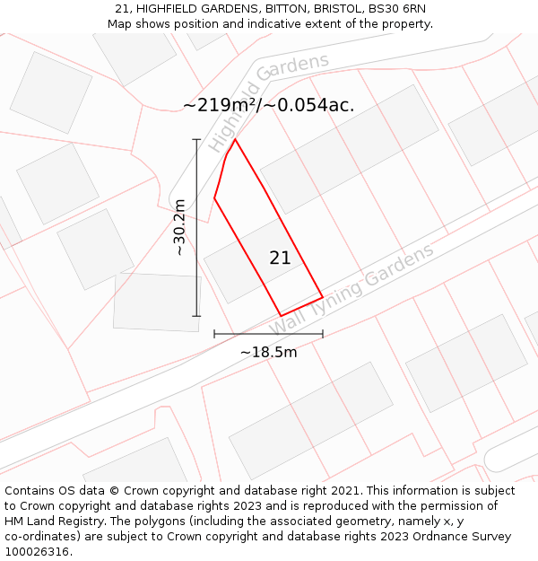 21, HIGHFIELD GARDENS, BITTON, BRISTOL, BS30 6RN: Plot and title map