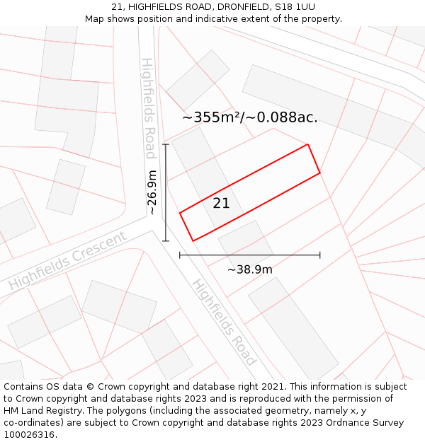 21, HIGHFIELDS ROAD, DRONFIELD, S18 1UU: Plot and title map