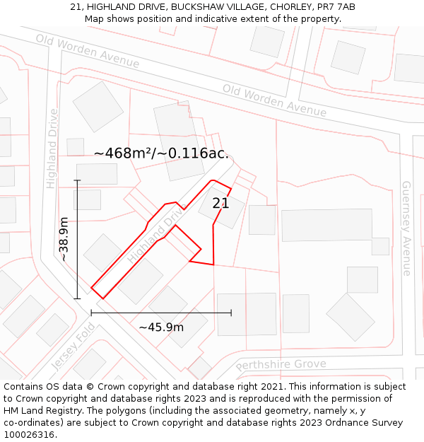 21, HIGHLAND DRIVE, BUCKSHAW VILLAGE, CHORLEY, PR7 7AB: Plot and title map