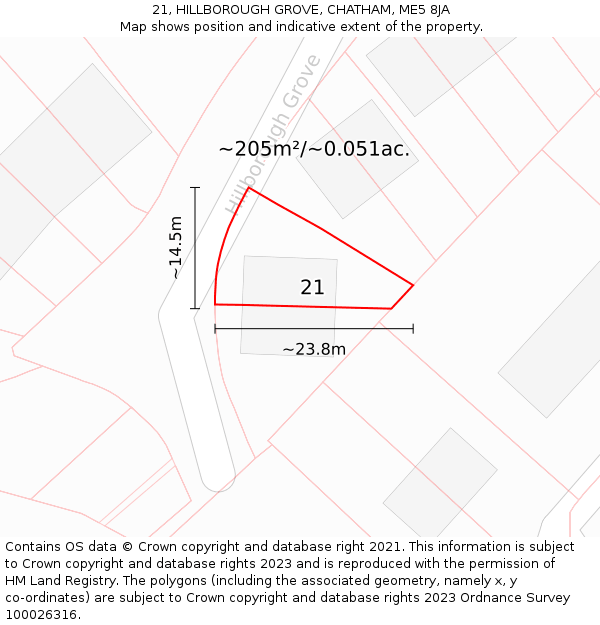 21, HILLBOROUGH GROVE, CHATHAM, ME5 8JA: Plot and title map