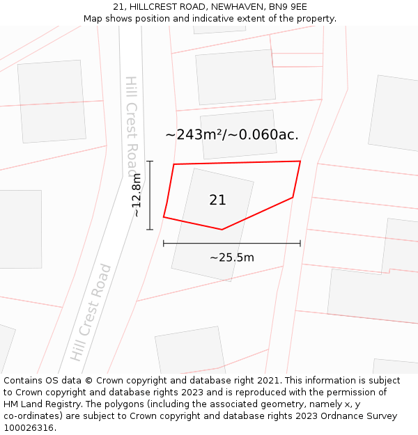 21, HILLCREST ROAD, NEWHAVEN, BN9 9EE: Plot and title map