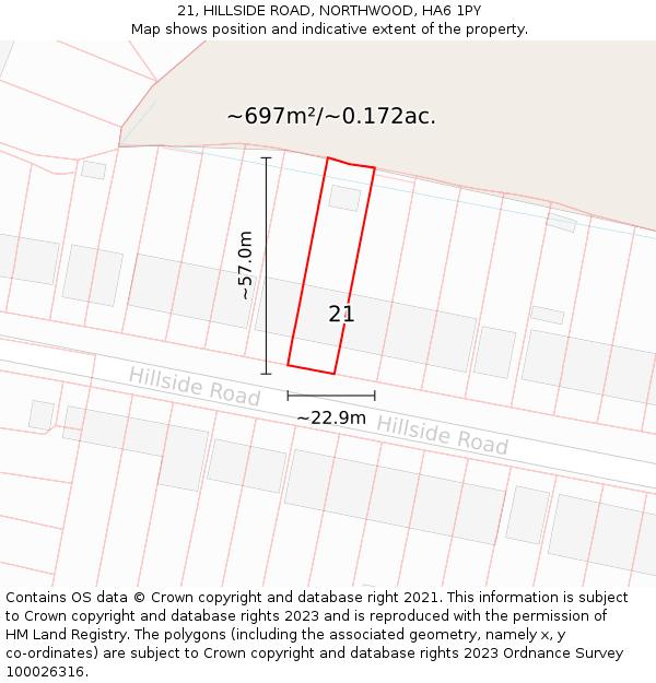 21, HILLSIDE ROAD, NORTHWOOD, HA6 1PY: Plot and title map