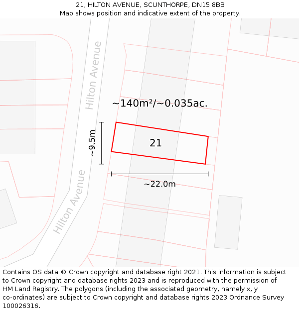 21, HILTON AVENUE, SCUNTHORPE, DN15 8BB: Plot and title map