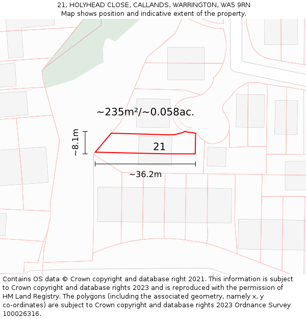 21, HOLYHEAD CLOSE, CALLANDS, WARRINGTON, WA5 9RN: Plot and title map