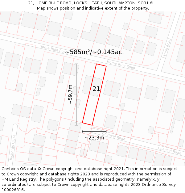 21, HOME RULE ROAD, LOCKS HEATH, SOUTHAMPTON, SO31 6LH: Plot and title map