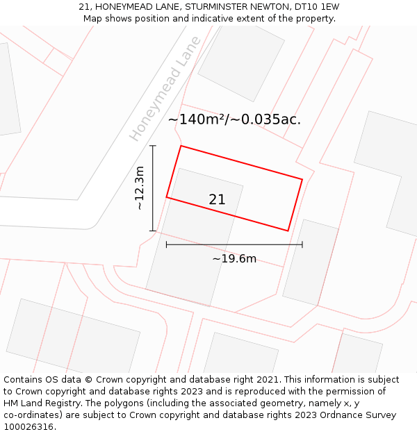 21, HONEYMEAD LANE, STURMINSTER NEWTON, DT10 1EW: Plot and title map