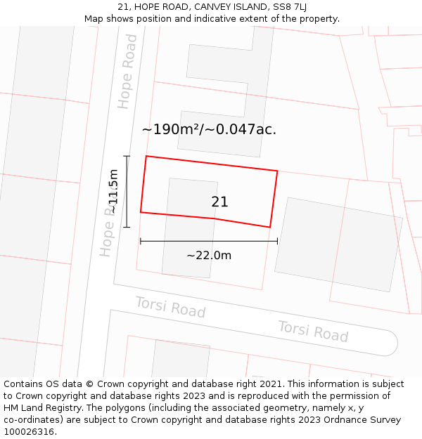 21, HOPE ROAD, CANVEY ISLAND, SS8 7LJ: Plot and title map