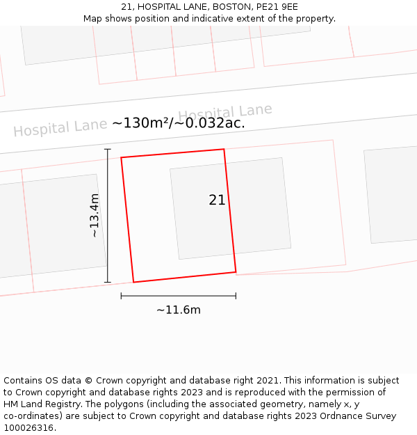 21, HOSPITAL LANE, BOSTON, PE21 9EE: Plot and title map