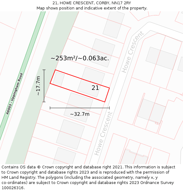 21, HOWE CRESCENT, CORBY, NN17 2RY: Plot and title map