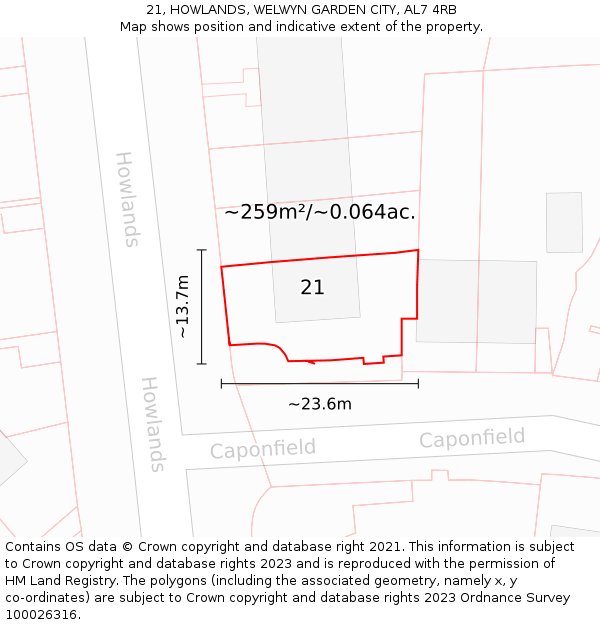 21, HOWLANDS, WELWYN GARDEN CITY, AL7 4RB: Plot and title map