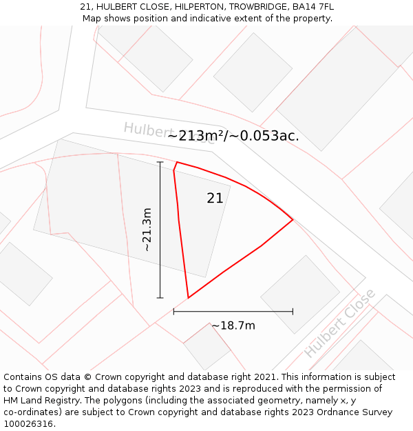 21, HULBERT CLOSE, HILPERTON, TROWBRIDGE, BA14 7FL: Plot and title map