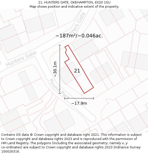 21, HUNTERS GATE, OKEHAMPTON, EX20 1SU: Plot and title map