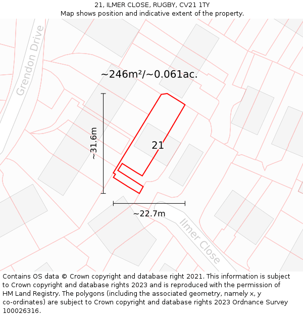 21, ILMER CLOSE, RUGBY, CV21 1TY: Plot and title map