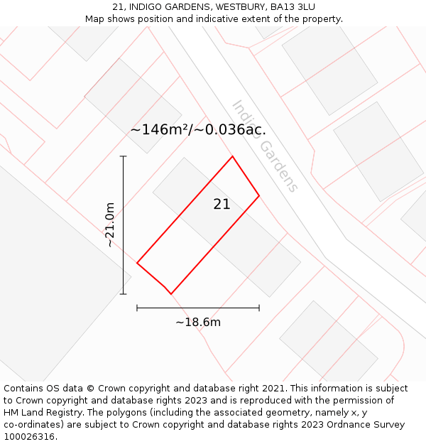 21, INDIGO GARDENS, WESTBURY, BA13 3LU: Plot and title map