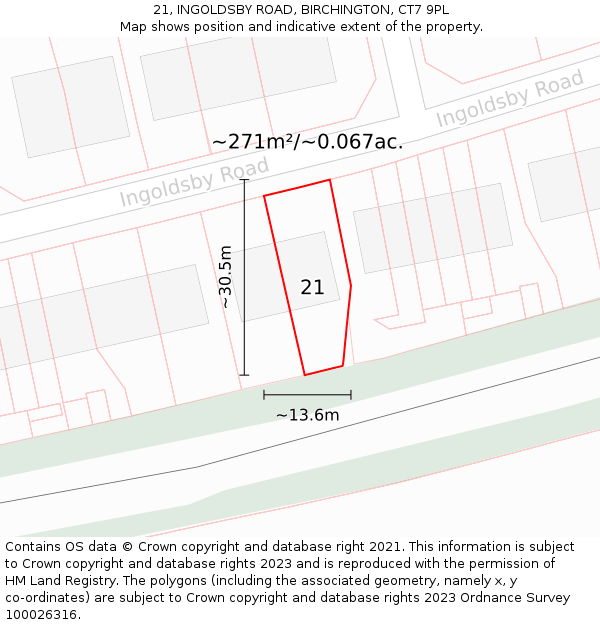 21, INGOLDSBY ROAD, BIRCHINGTON, CT7 9PL: Plot and title map