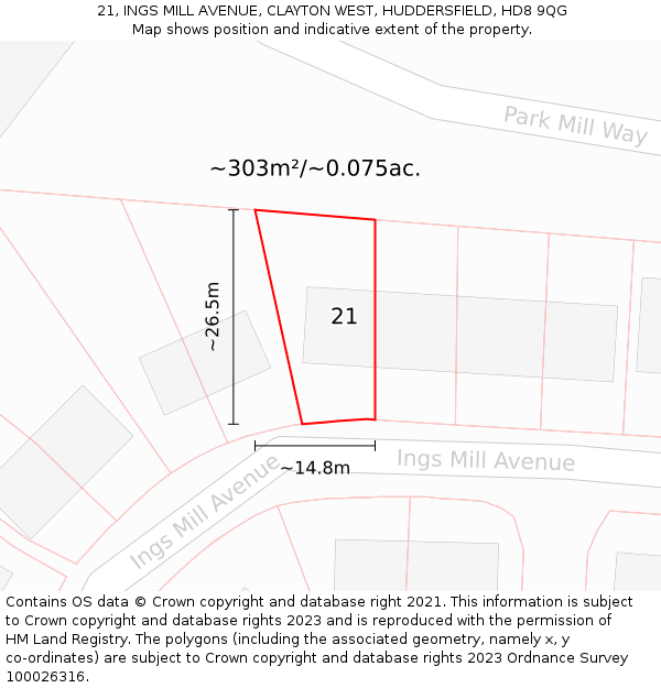 21, INGS MILL AVENUE, CLAYTON WEST, HUDDERSFIELD, HD8 9QG: Plot and title map