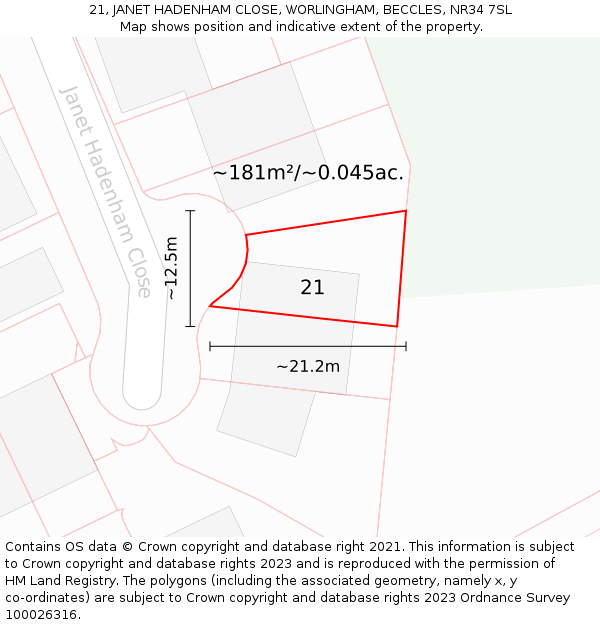 21, JANET HADENHAM CLOSE, WORLINGHAM, BECCLES, NR34 7SL: Plot and title map