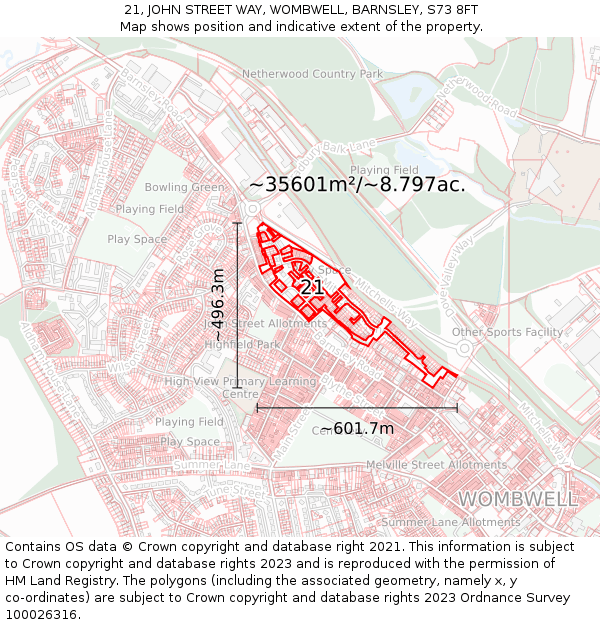 21, JOHN STREET WAY, WOMBWELL, BARNSLEY, S73 8FT: Plot and title map