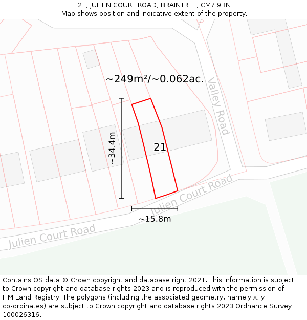 21, JULIEN COURT ROAD, BRAINTREE, CM7 9BN: Plot and title map