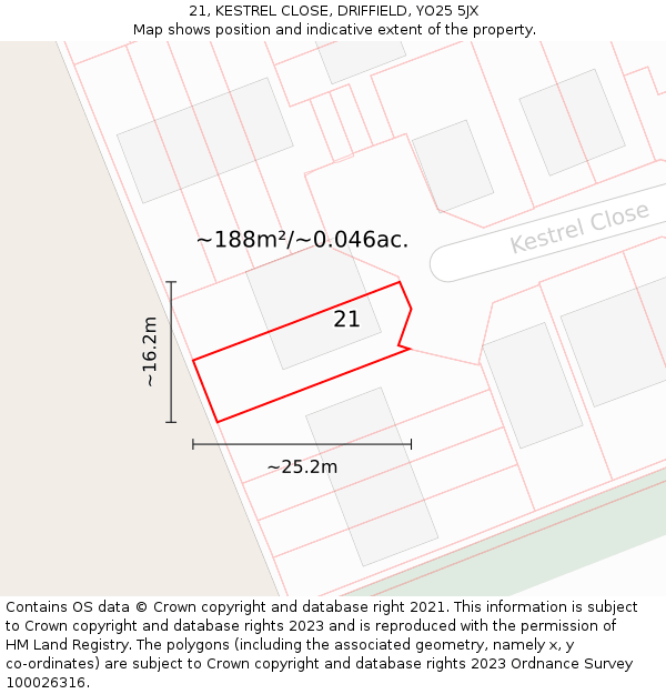 21, KESTREL CLOSE, DRIFFIELD, YO25 5JX: Plot and title map