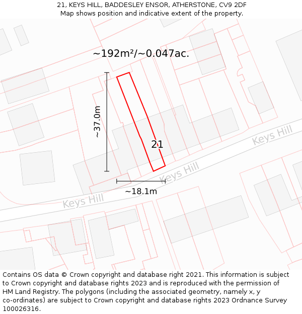 21, KEYS HILL, BADDESLEY ENSOR, ATHERSTONE, CV9 2DF: Plot and title map