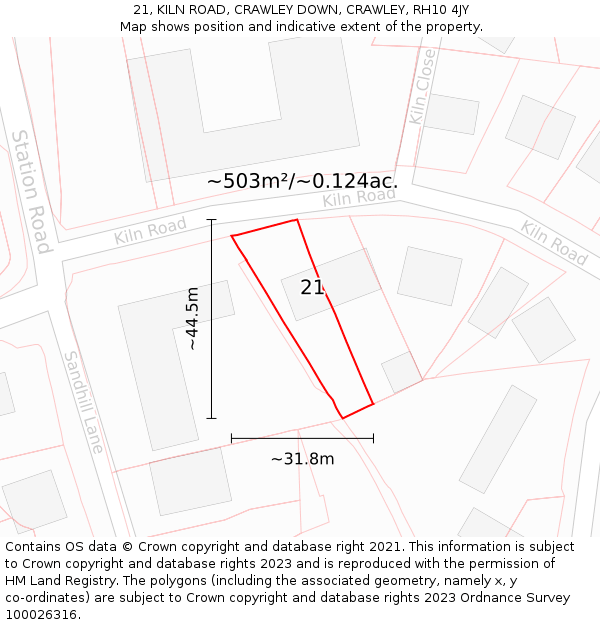 21, KILN ROAD, CRAWLEY DOWN, CRAWLEY, RH10 4JY: Plot and title map