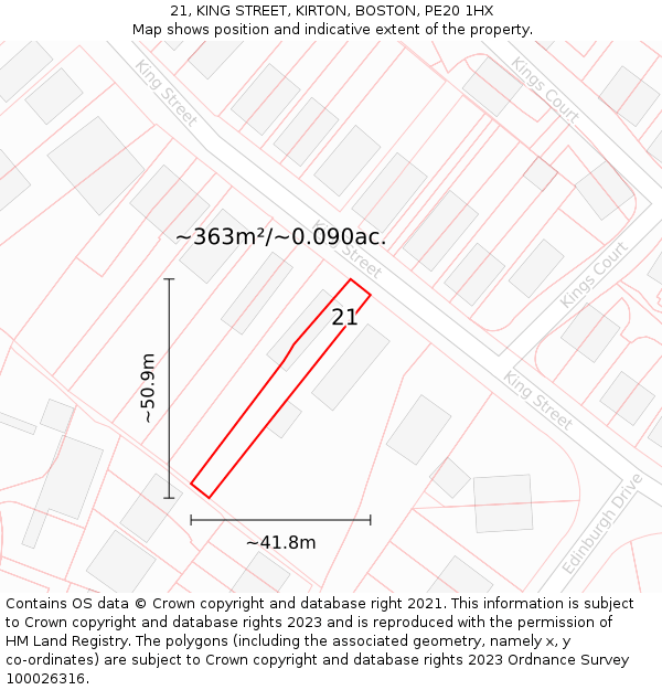 21, KING STREET, KIRTON, BOSTON, PE20 1HX: Plot and title map