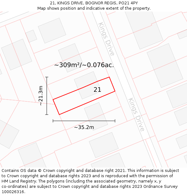 21, KINGS DRIVE, BOGNOR REGIS, PO21 4PY: Plot and title map