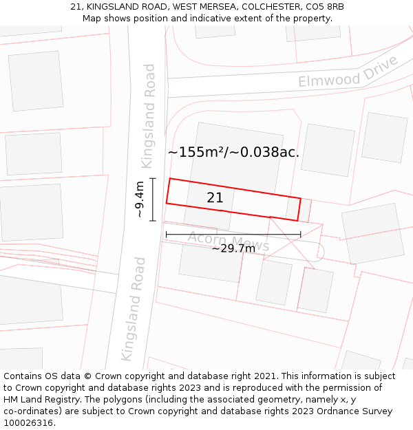 21, KINGSLAND ROAD, WEST MERSEA, COLCHESTER, CO5 8RB: Plot and title map
