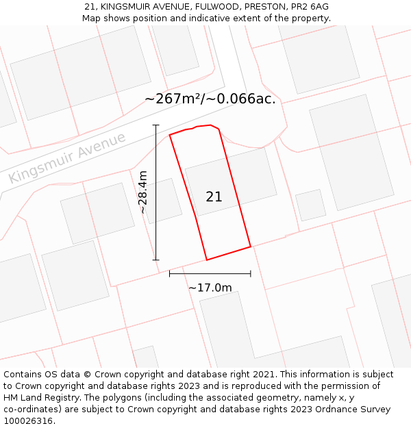 21, KINGSMUIR AVENUE, FULWOOD, PRESTON, PR2 6AG: Plot and title map