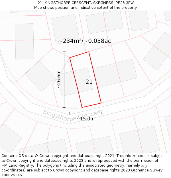 21, KINGSTHORPE CRESCENT, SKEGNESS, PE25 3PW: Plot and title map