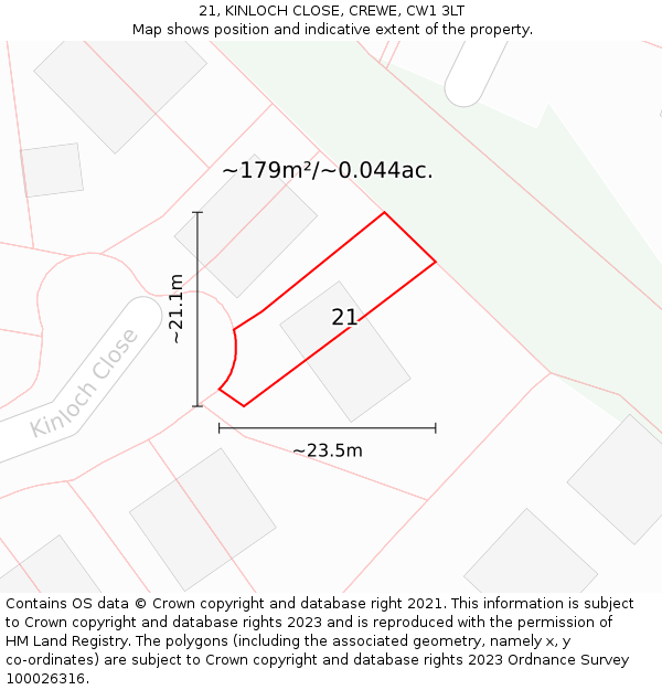 21, KINLOCH CLOSE, CREWE, CW1 3LT: Plot and title map