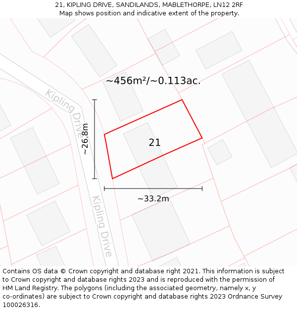 21, KIPLING DRIVE, SANDILANDS, MABLETHORPE, LN12 2RF: Plot and title map