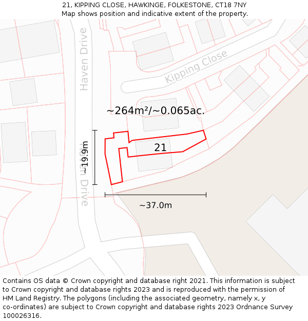 21, KIPPING CLOSE, HAWKINGE, FOLKESTONE, CT18 7NY: Plot and title map