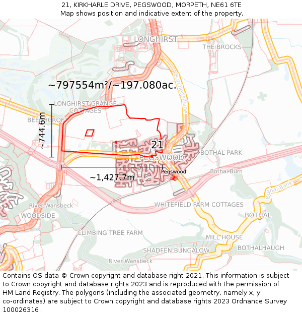 21, KIRKHARLE DRIVE, PEGSWOOD, MORPETH, NE61 6TE: Plot and title map